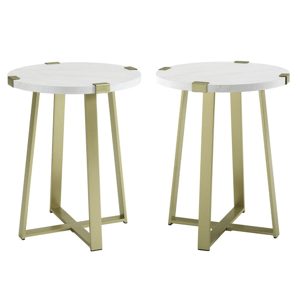 Modern Industrial 2-Piece Metal Wrap Side Table Set - Faux White Marble/Gold