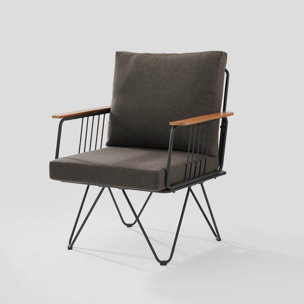 Modern Metal and Wood Detail Hairpin Leg Patio Chair - Clove Brown