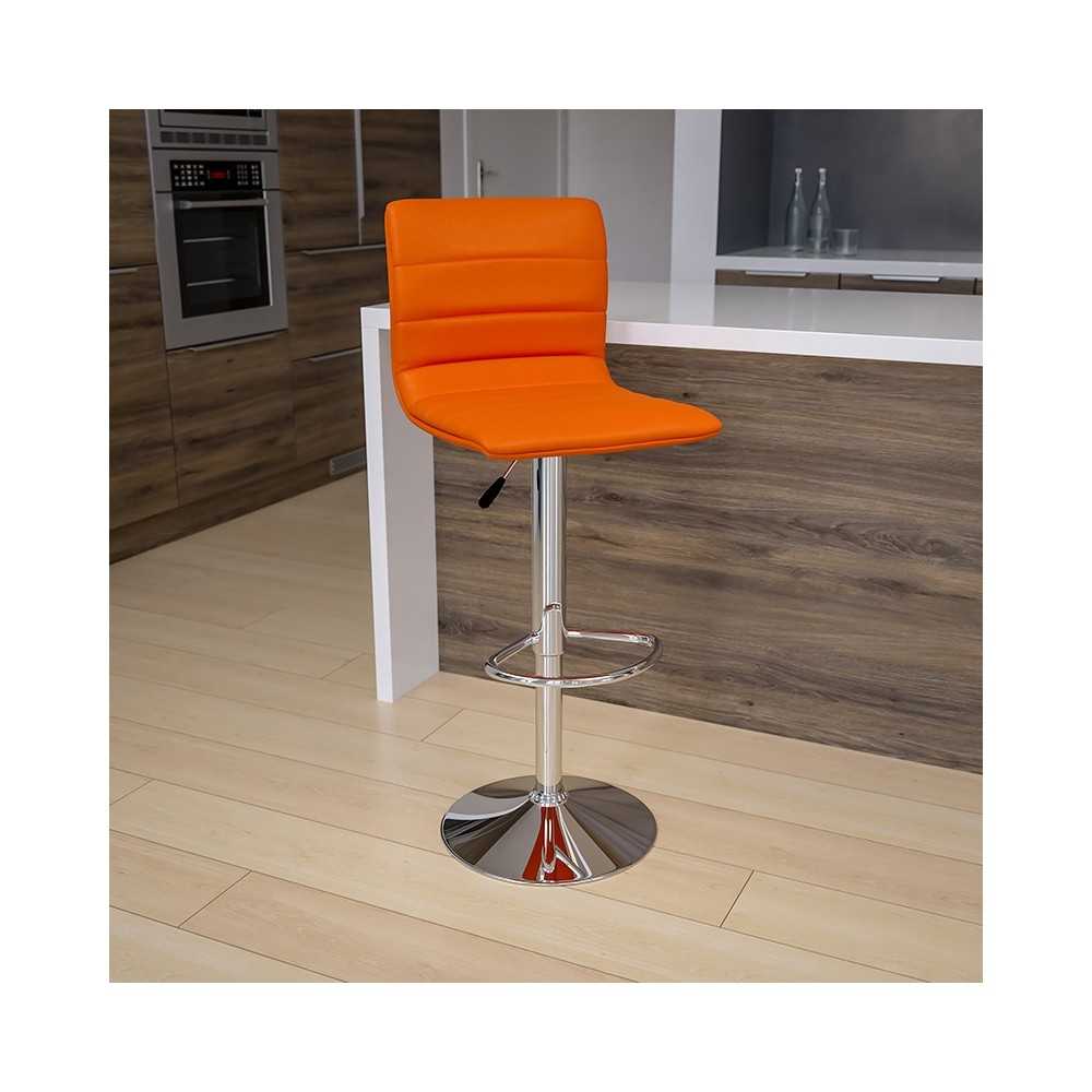 Modern Orange Vinyl Adjustable Bar Stool with Back, Counter Height Swivel Stool with Chrome Pedestal Base