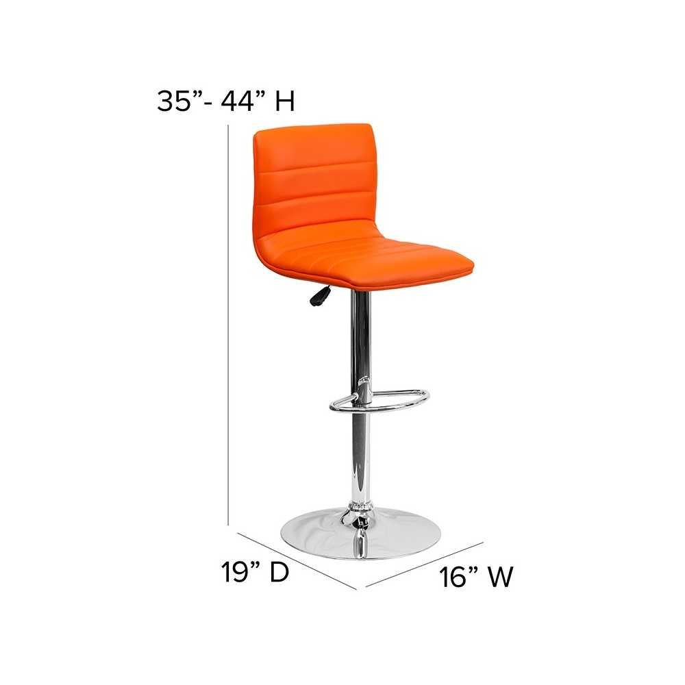 Modern Orange Vinyl Adjustable Bar Stool with Back, Counter Height Swivel Stool with Chrome Pedestal Base