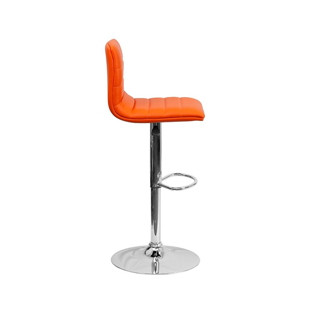 Modern Orange Vinyl Adjustable Bar Stool with Back, Counter Height Swivel Stool with Chrome Pedestal Base