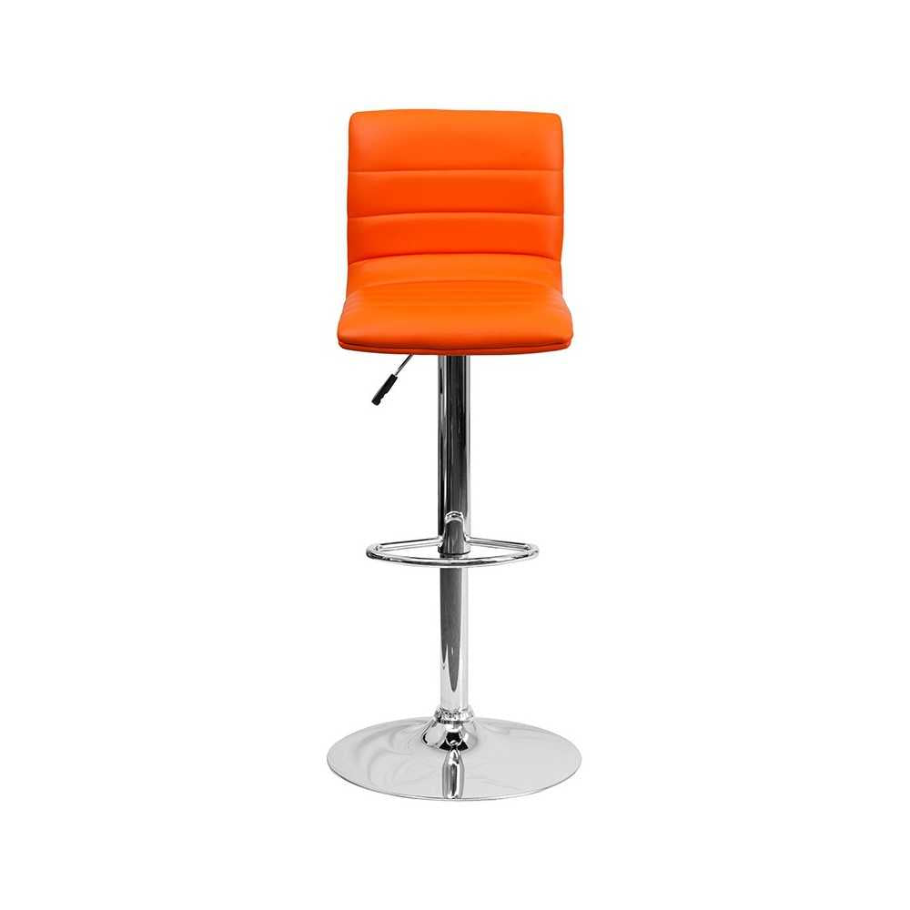 Modern Orange Vinyl Adjustable Bar Stool with Back, Counter Height Swivel Stool with Chrome Pedestal Base