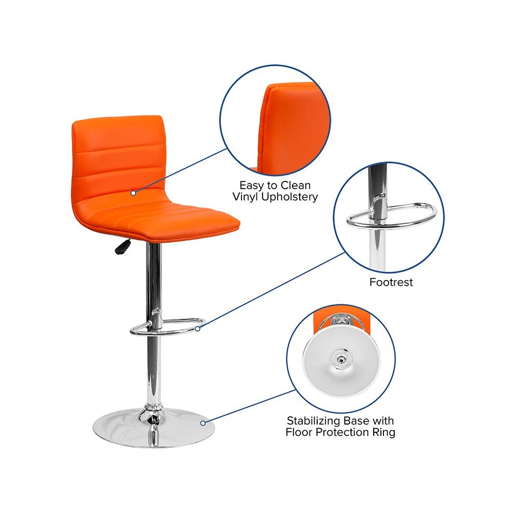 Modern Orange Vinyl Adjustable Bar Stool with Back, Counter Height Swivel Stool with Chrome Pedestal Base