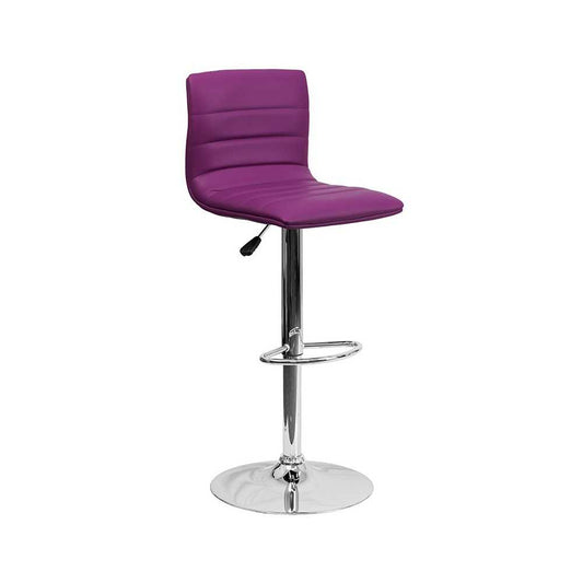 Modern Purple Vinyl Adjustable Bar Stool with Back, Counter Height Swivel Stool with Chrome Pedestal Base