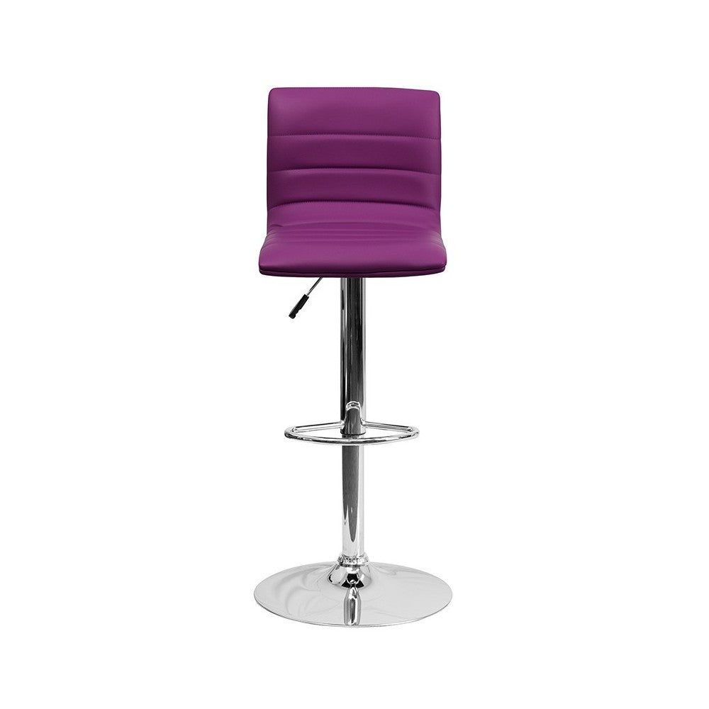 Modern Purple Vinyl Adjustable Bar Stool with Back, Counter Height Swivel Stool with Chrome Pedestal Base