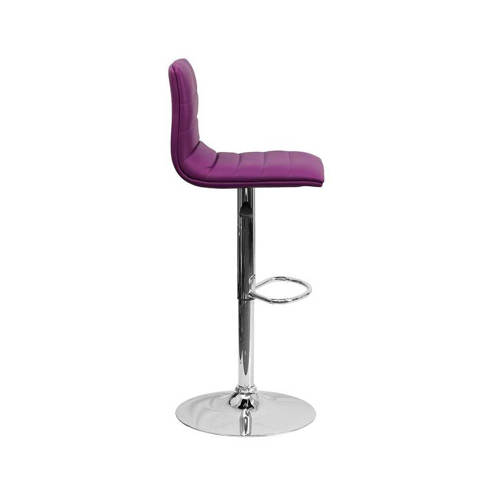 Modern Purple Vinyl Adjustable Bar Stool with Back, Counter Height Swivel Stool with Chrome Pedestal Base