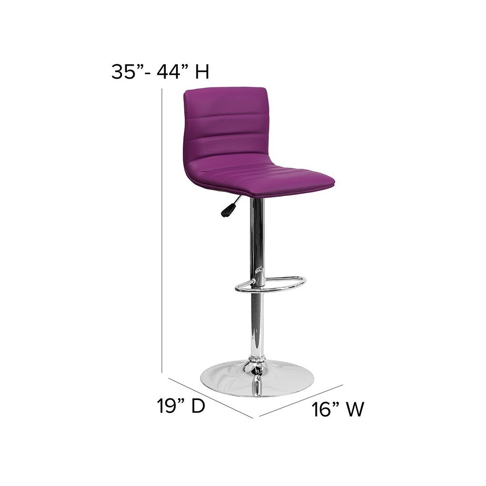 Modern Purple Vinyl Adjustable Bar Stool with Back, Counter Height Swivel Stool with Chrome Pedestal Base