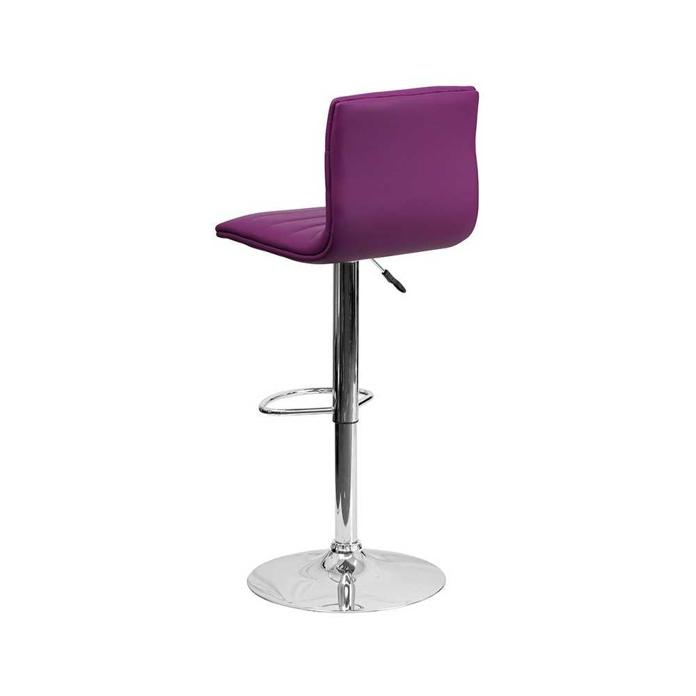 Modern Purple Vinyl Adjustable Bar Stool with Back, Counter Height Swivel Stool with Chrome Pedestal Base