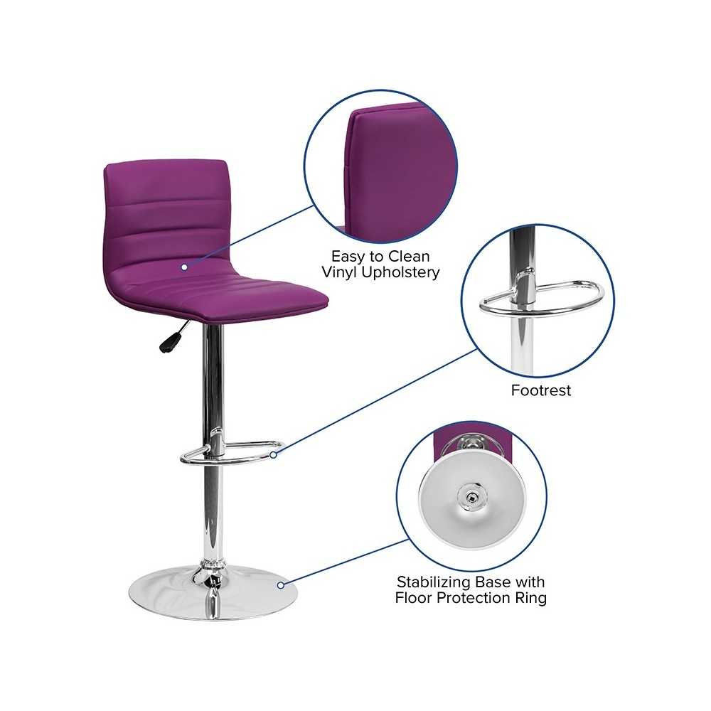 Modern Purple Vinyl Adjustable Bar Stool with Back, Counter Height Swivel Stool with Chrome Pedestal Base