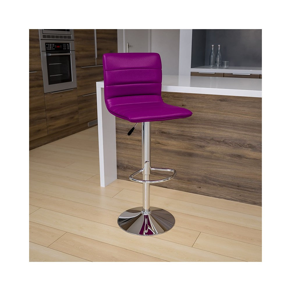 Modern Purple Vinyl Adjustable Bar Stool with Back, Counter Height Swivel Stool with Chrome Pedestal Base