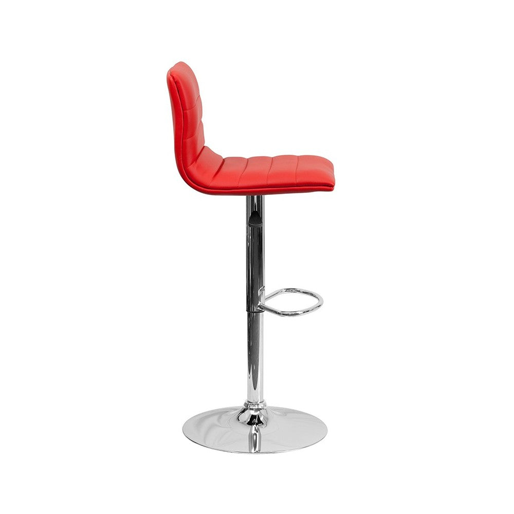 Modern Red Vinyl Adjustable Bar Stool with Back, Counter Height Swivel Stool with Chrome Pedestal Base