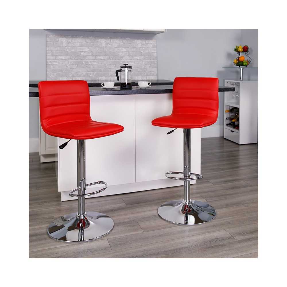 Modern Red Vinyl Adjustable Bar Stool with Back, Counter Height Swivel Stool with Chrome Pedestal Base