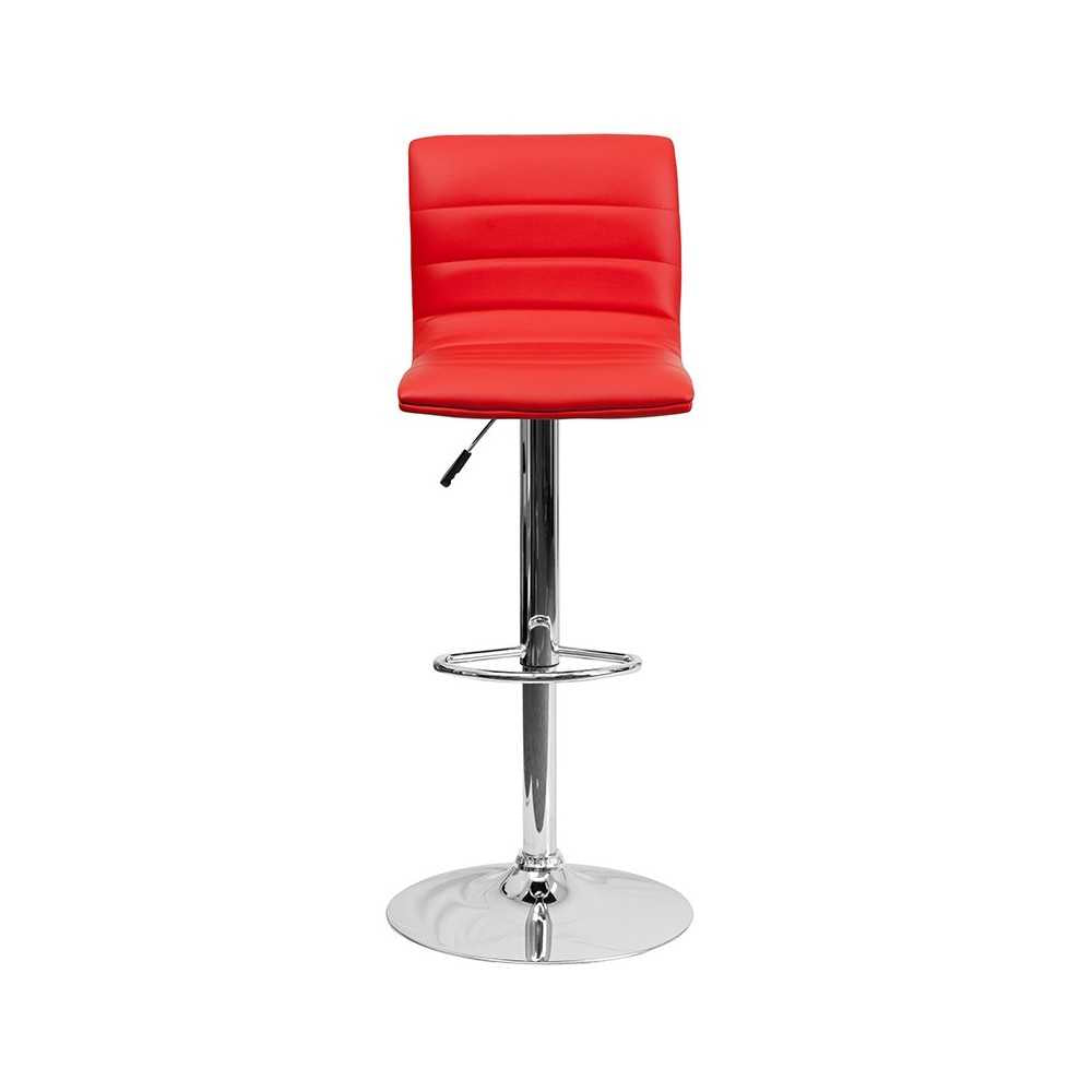 Modern Red Vinyl Adjustable Bar Stool with Back, Counter Height Swivel Stool with Chrome Pedestal Base