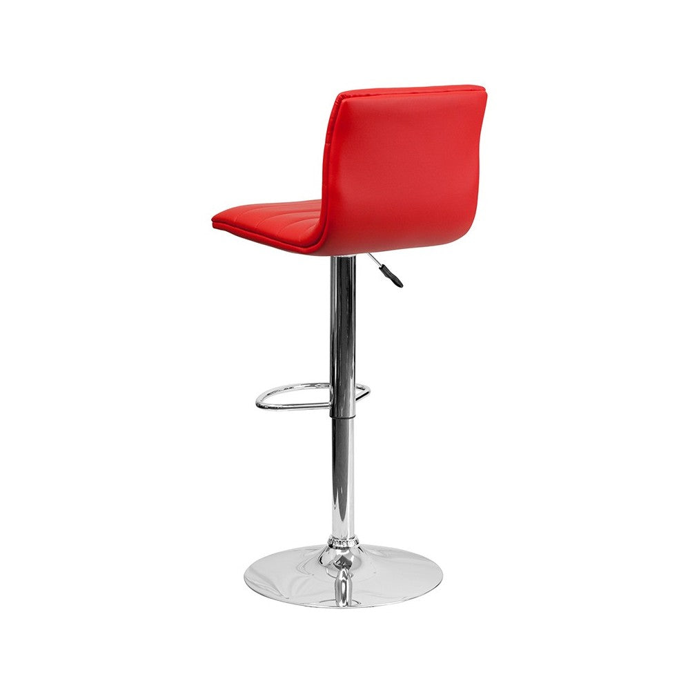 Modern Red Vinyl Adjustable Bar Stool with Back, Counter Height Swivel Stool with Chrome Pedestal Base