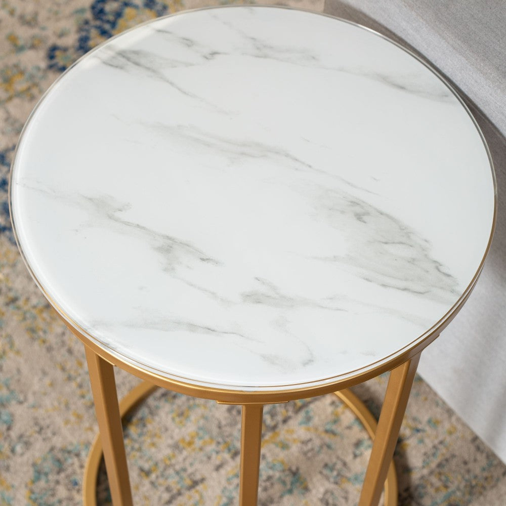 Modern Round End Table - Faux White Marble/Gold