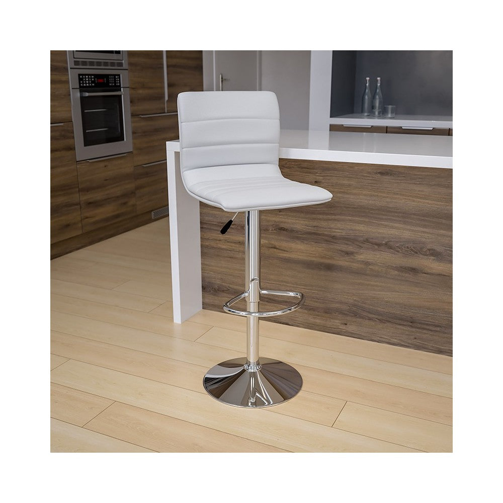 Modern White Vinyl Adjustable Bar Stool with Back, Counter Height Swivel Stool with Chrome Pedestal Base