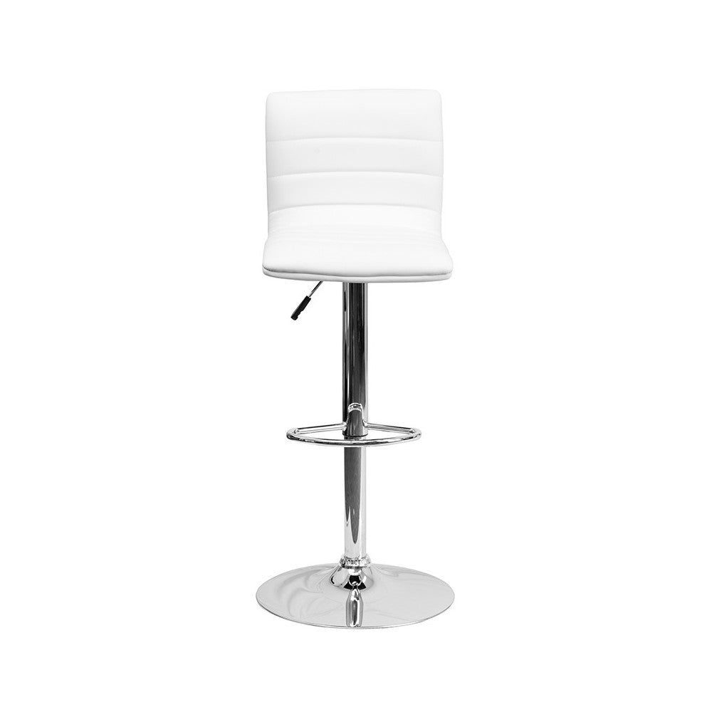 Modern White Vinyl Adjustable Bar Stool with Back, Counter Height Swivel Stool with Chrome Pedestal Base