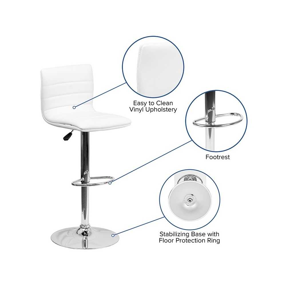 Modern White Vinyl Adjustable Bar Stool with Back, Counter Height Swivel Stool with Chrome Pedestal Base