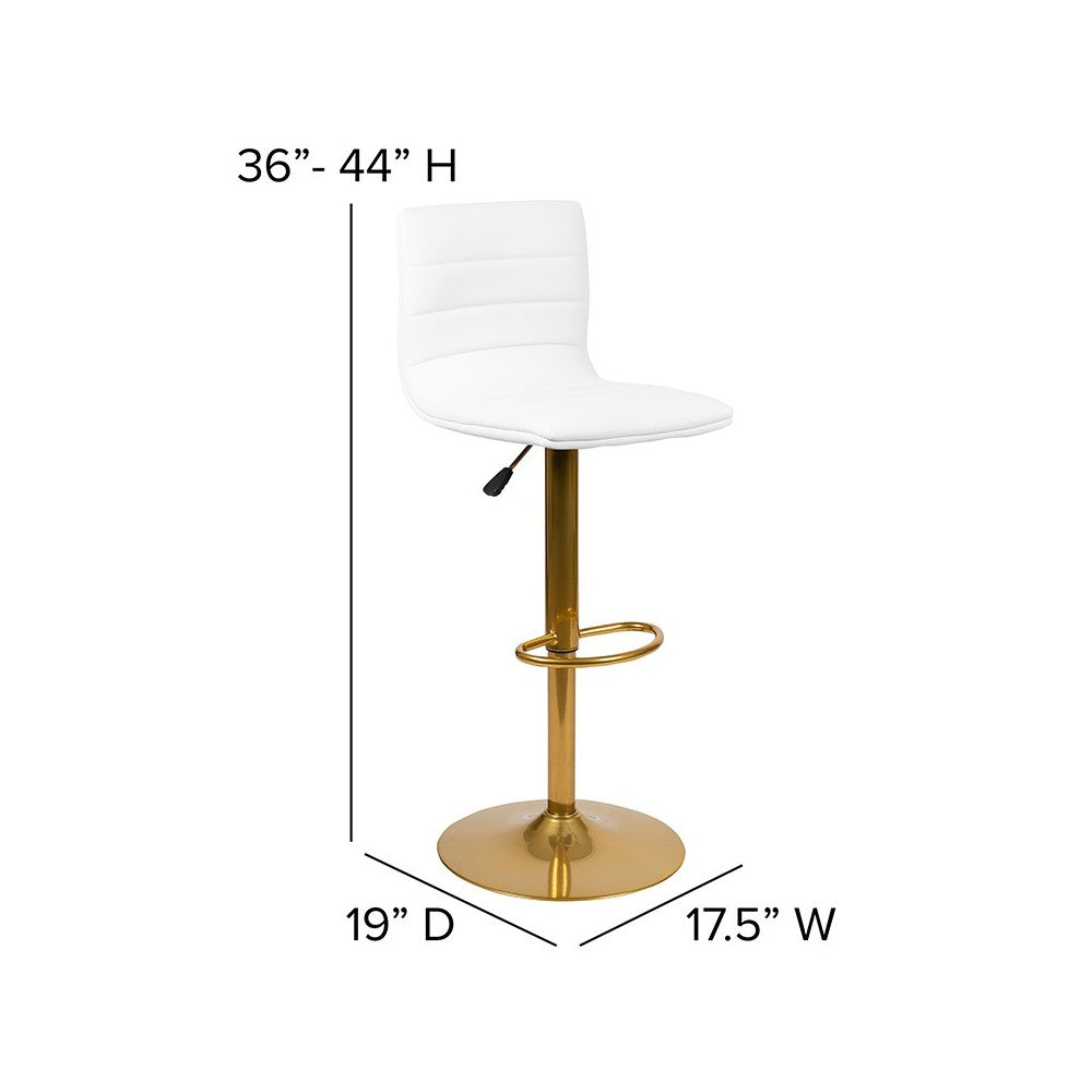 Modern White Vinyl Adjustable Bar Stool with Back, Counter Height Swivel Stool with Gold Pedestal Base, Set of 2