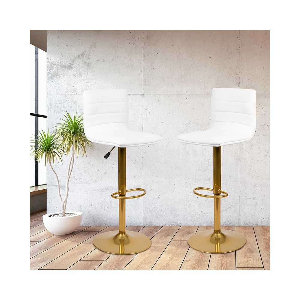 Modern White Vinyl Adjustable Bar Stool with Back, Counter Height Swivel Stool with Gold Pedestal Base, Set of 2