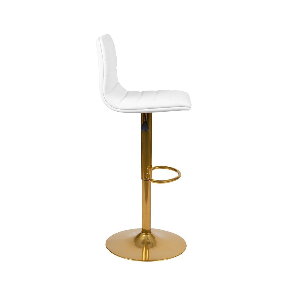 Modern White Vinyl Adjustable Bar Stool with Back, Counter Height Swivel Stool with Gold Pedestal Base, Set of 2