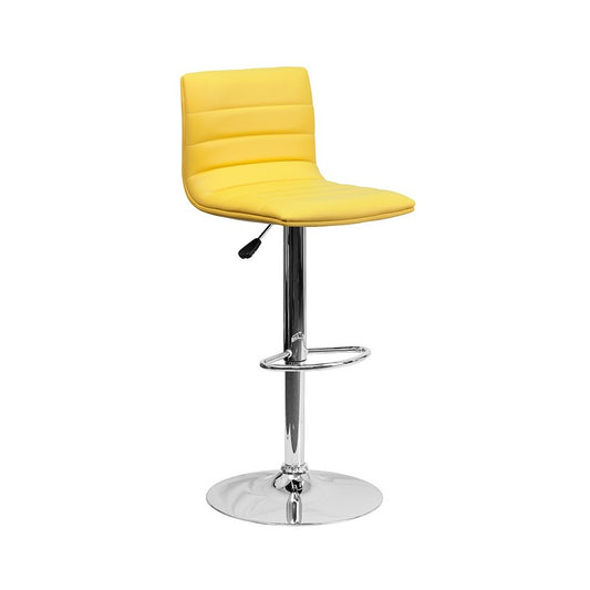 Modern Yellow Vinyl Adjustable Bar Stool with Back, Counter Height Swivel Stool with Chrome Pedestal Base