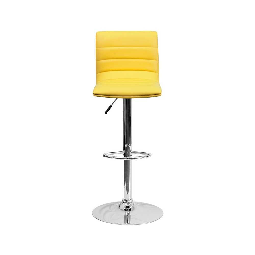 Modern Yellow Vinyl Adjustable Bar Stool with Back, Counter Height Swivel Stool with Chrome Pedestal Base