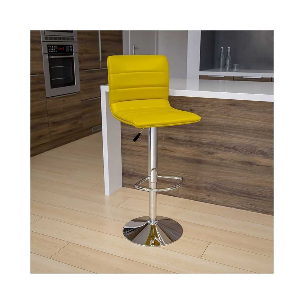 Modern Yellow Vinyl Adjustable Bar Stool with Back, Counter Height Swivel Stool with Chrome Pedestal Base