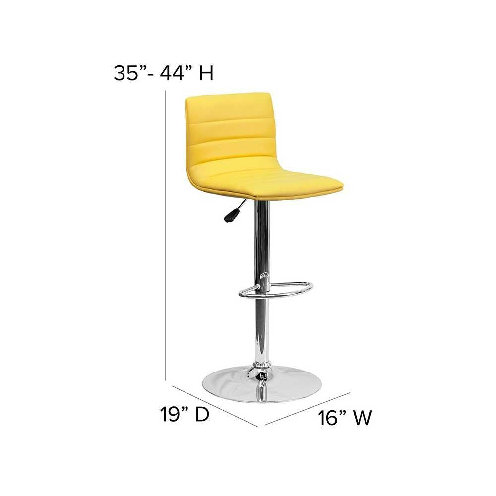 Modern Yellow Vinyl Adjustable Bar Stool with Back, Counter Height Swivel Stool with Chrome Pedestal Base