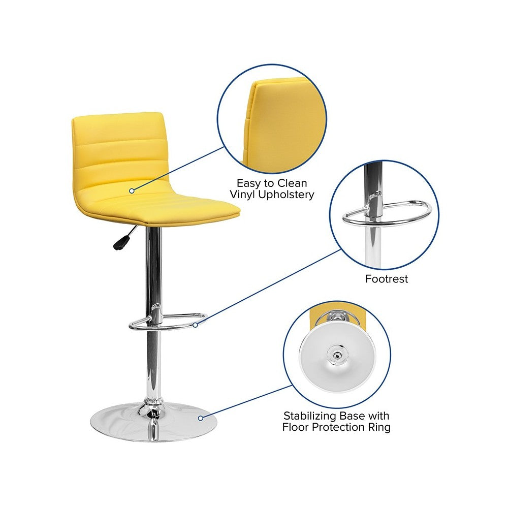 Modern Yellow Vinyl Adjustable Bar Stool with Back, Counter Height Swivel Stool with Chrome Pedestal Base