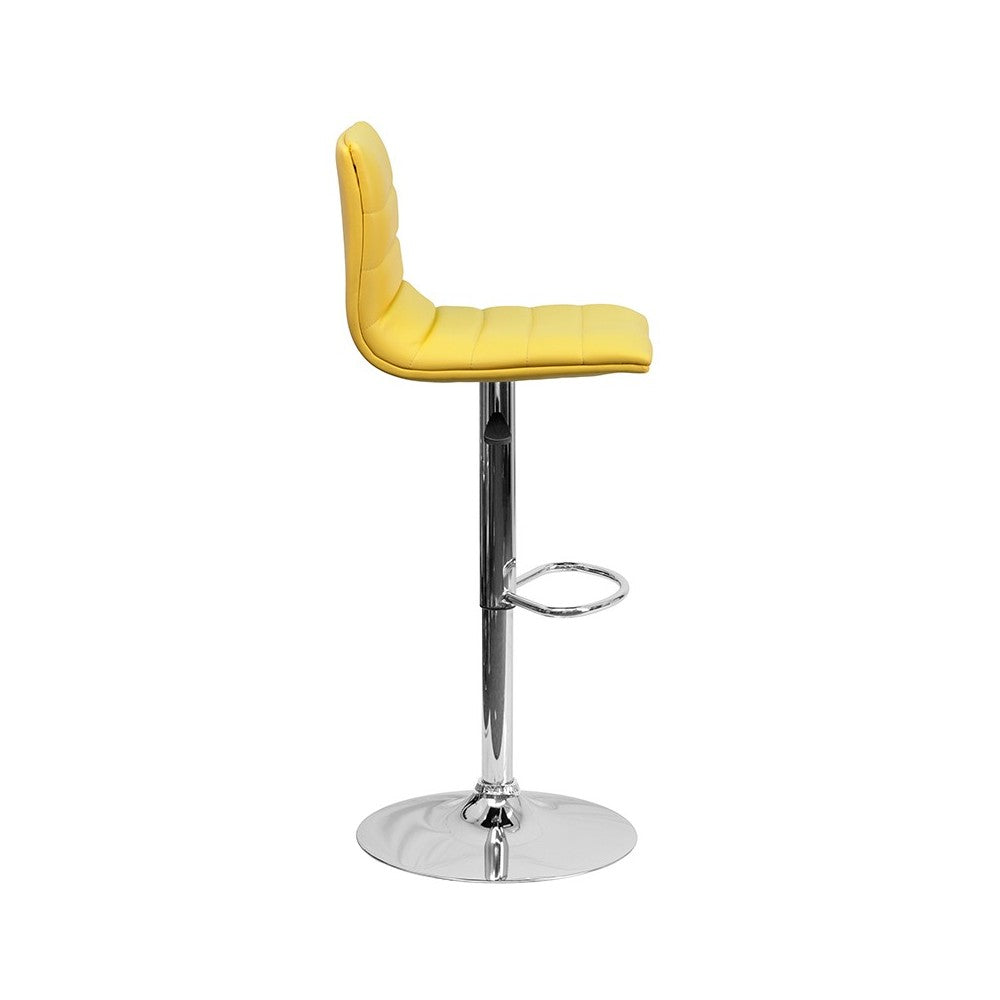 Modern Yellow Vinyl Adjustable Bar Stool with Back, Counter Height Swivel Stool with Chrome Pedestal Base