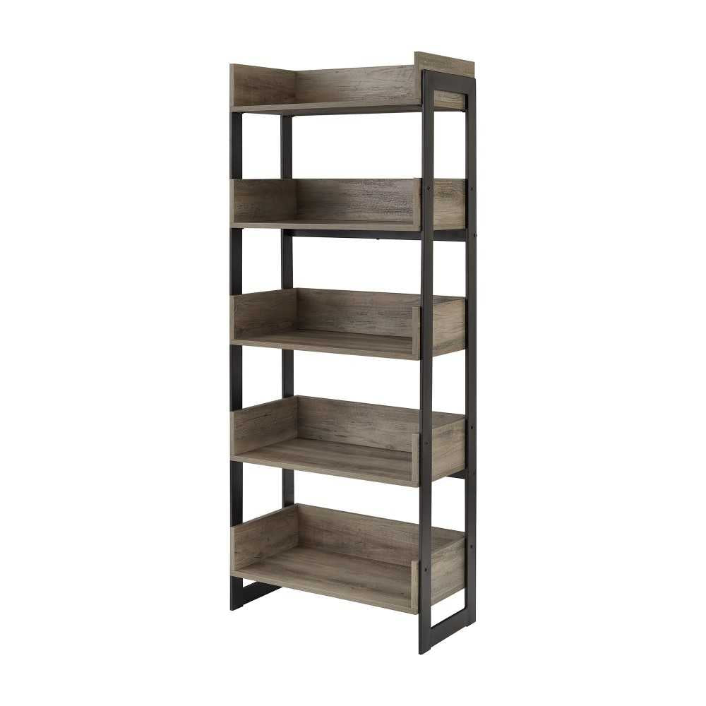 Morty 64" Metal and Wood 5 Shelf Bookshelf - Gray Wash