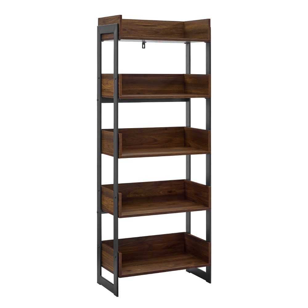 Morty 64" Metal and Wood 5 Shelf Bookshelf - Dark Walnut