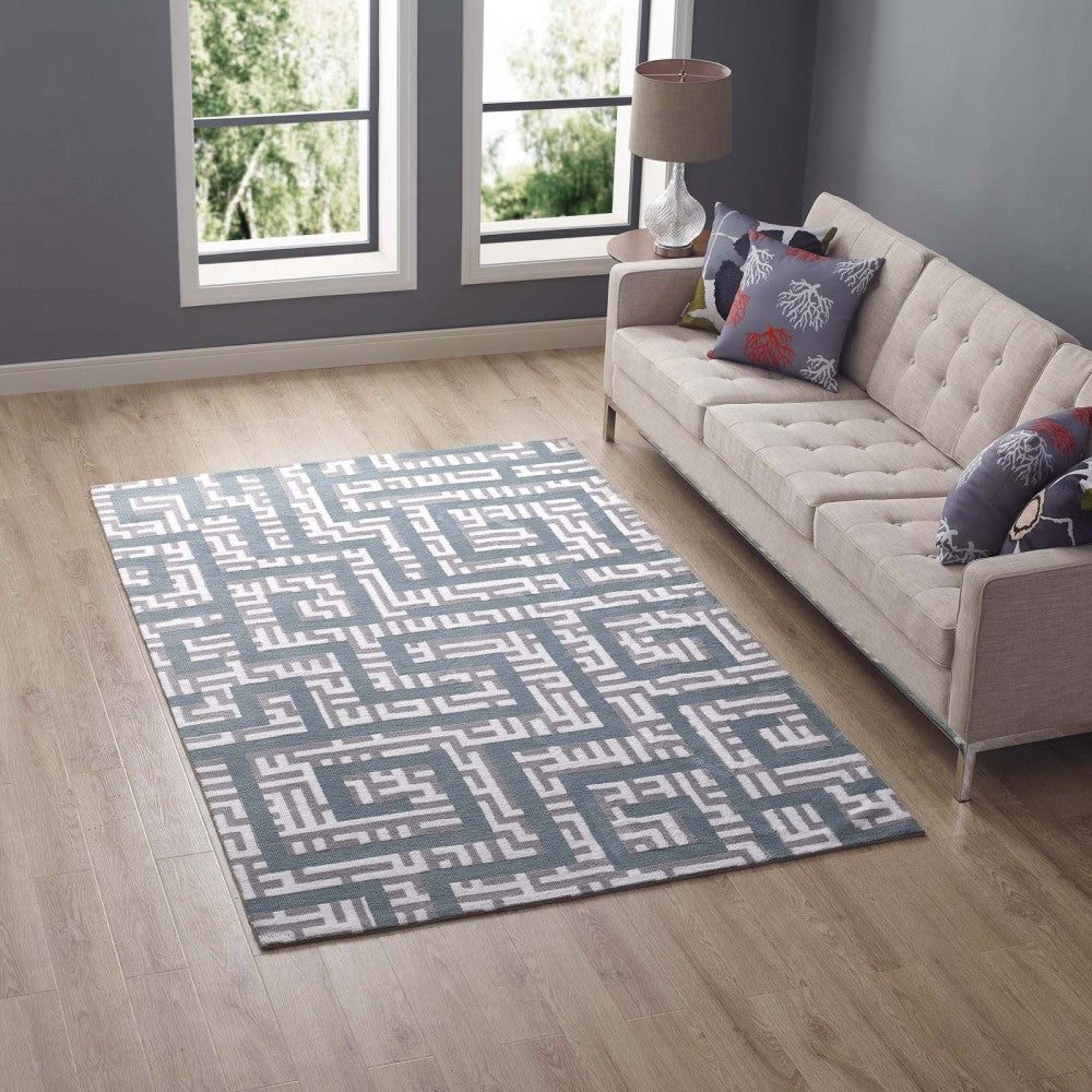 Nahia Geometric Maze 5x8 Area Rug, Ivory, Light Gray and Sky Blue