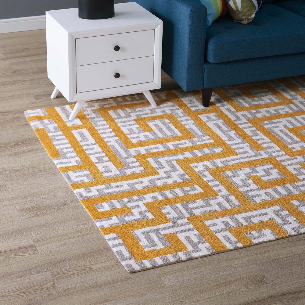 Nahia Geometric Maze 5x8 Area Rug, Ivory, Light Gray and Banana Yellow