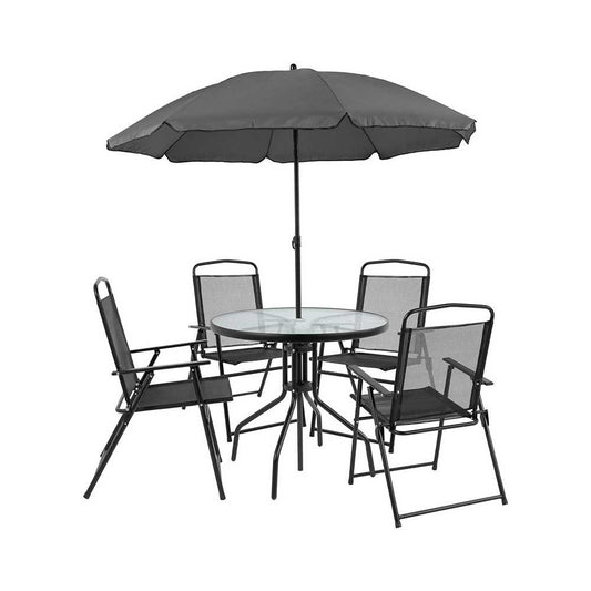 Nantucket 6 Piece Black Patio Garden Set with Table, Umbrella and 4 Folding Chairs