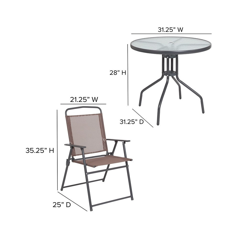 Nantucket 6 Piece Brown Patio Garden Set with Table, Tan Umbrella and 4 Folding Chairs