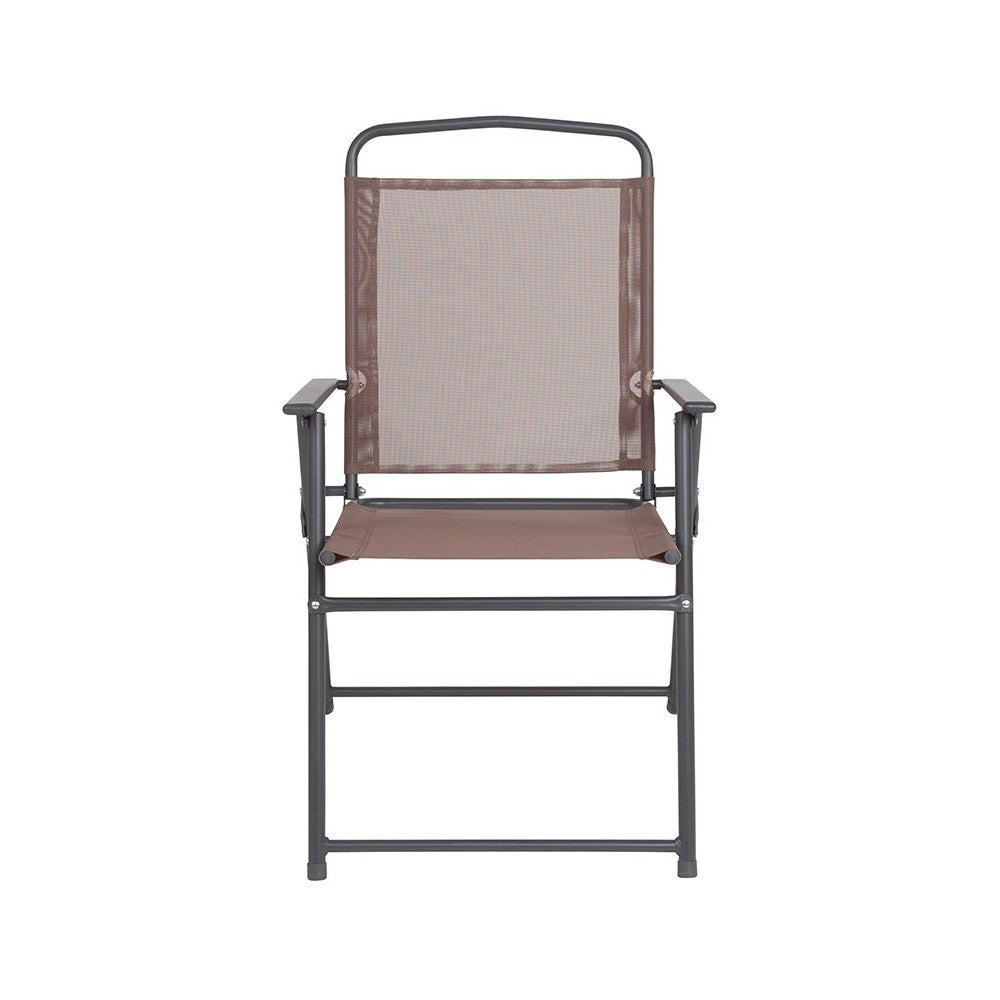 Nantucket 6 Piece Brown Patio Garden Set with Table, Tan Umbrella and 4 Folding Chairs