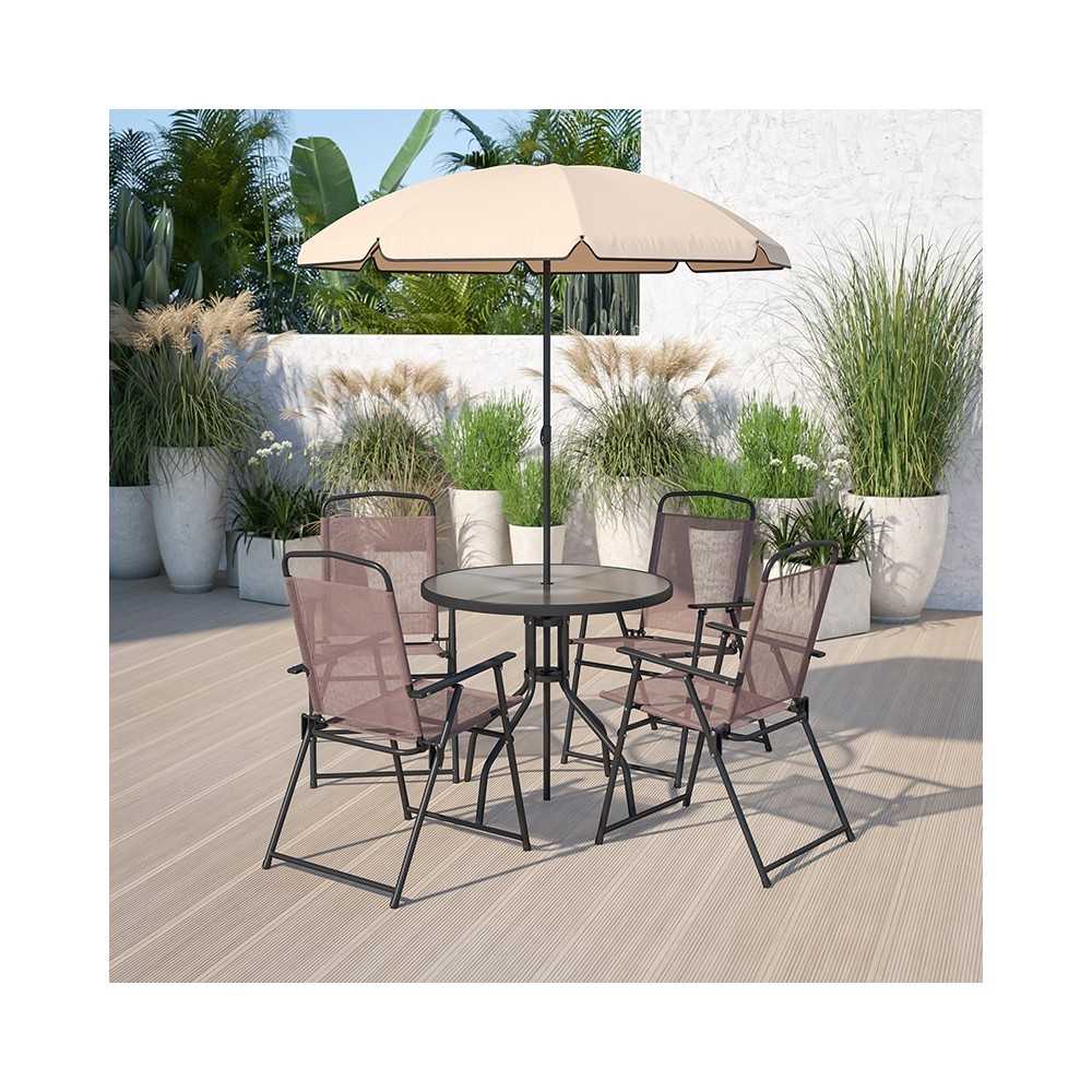 Nantucket 6 Piece Brown Patio Garden Set with Table, Tan Umbrella and 4 Folding Chairs