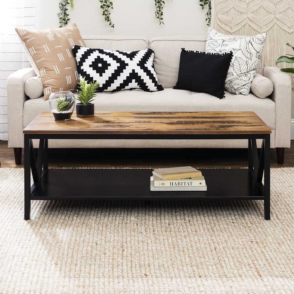 Natalee 48" Distressed Farmhouse Coffee Table - Rustic Oak/Black