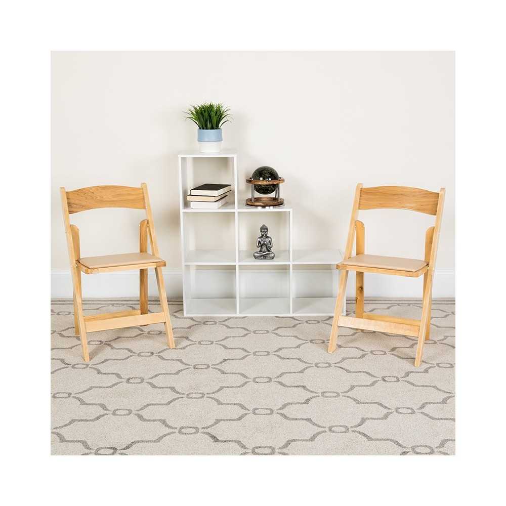 Natural Wood Folding Chair with Vinyl Padded Seat