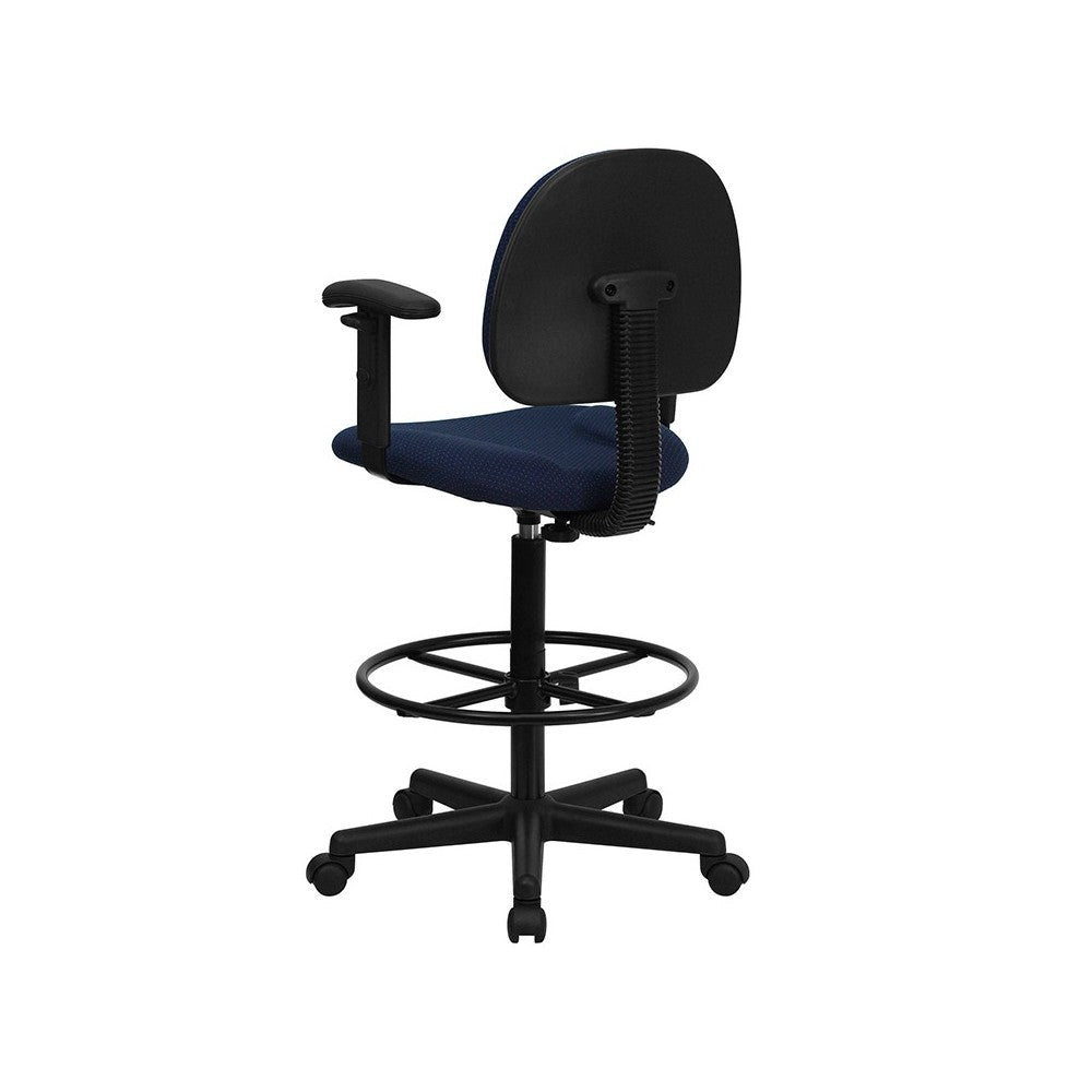Navy Blue Patterned Fabric Drafting Chair with Adjustable Arms (Cylinders: 22.5''-27''H or 26''-30.5''H)
