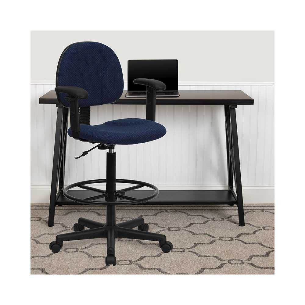 Navy Blue Patterned Fabric Drafting Chair with Adjustable Arms (Cylinders: 22.5''-27''H or 26''-30.5''H)