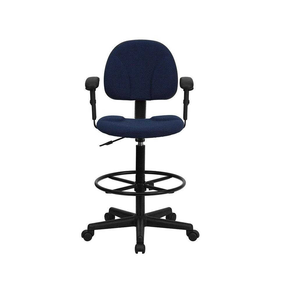 Navy Blue Patterned Fabric Drafting Chair with Adjustable Arms (Cylinders: 22.5''-27''H or 26''-30.5''H)
