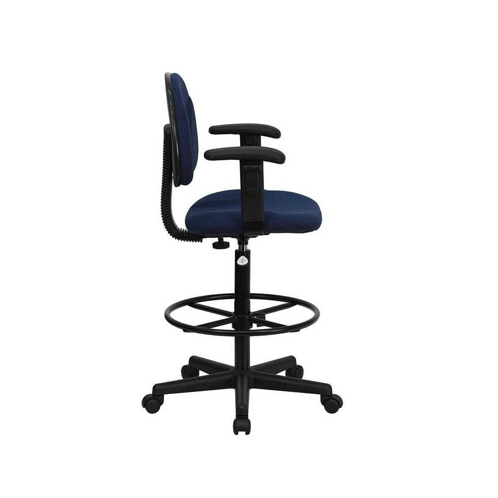Navy Blue Patterned Fabric Drafting Chair with Adjustable Arms (Cylinders: 22.5''-27''H or 26''-30.5''H)