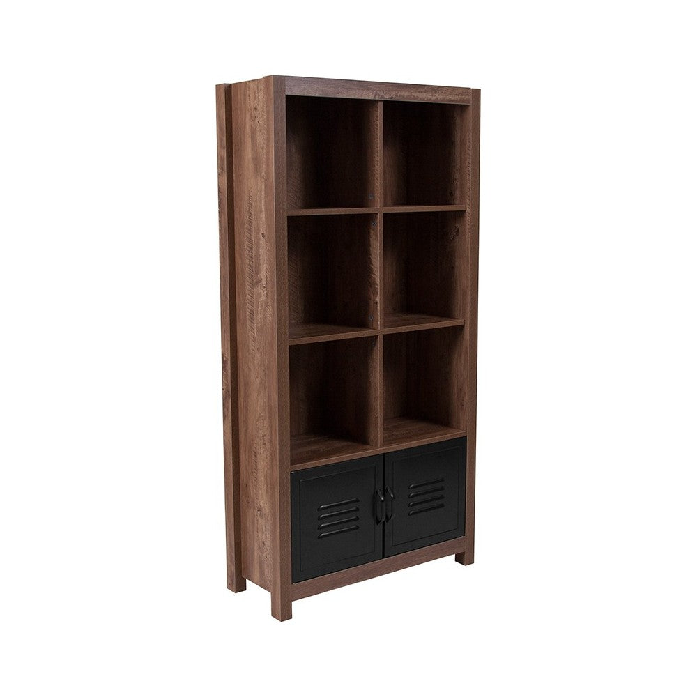 New Lancaster Collection 59.5"H 6 Cube Storage Organizer Bookcase with Metal Cabinet Doors in Crosscut Oak Wood Grain Finish