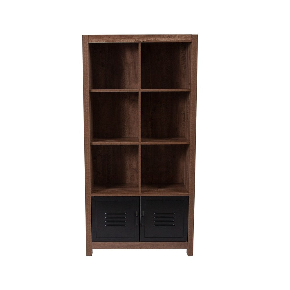 New Lancaster Collection 59.5"H 6 Cube Storage Organizer Bookcase with Metal Cabinet Doors in Crosscut Oak Wood Grain Finish