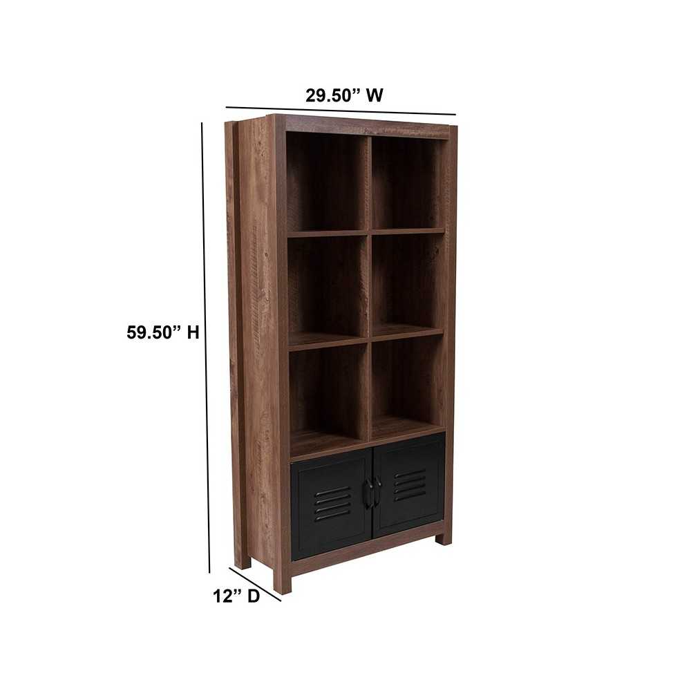 New Lancaster Collection 59.5"H 6 Cube Storage Organizer Bookcase with Metal Cabinet Doors in Crosscut Oak Wood Grain Finish