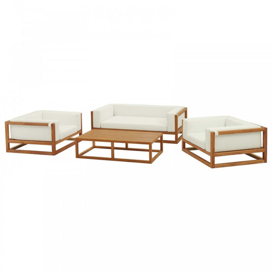 Newbury 4 Piece Outdoor Patio Premium Grade A Teak Wood Set, Natural White, EEI-3623-NAT-WHI-SET