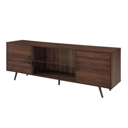 Nora 70" Mid Century Modern Glass Shelf 2 Door TV Stand - Dark Walnut